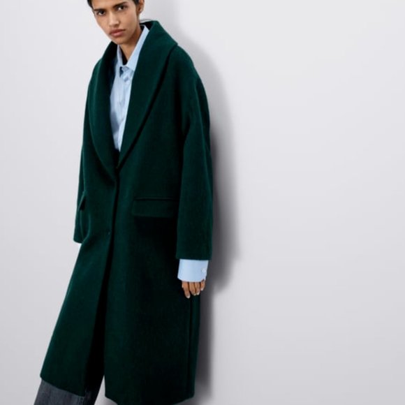 Zara Womens Green Long Coat Jacket Shawl Collar M - Picture 3 of 14